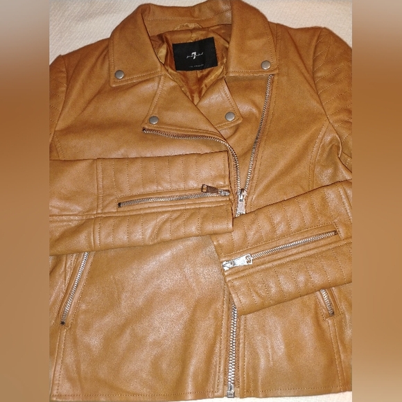 7 For All Mankind Camel Brown Vegan Leather Moto Jacket - Picture 2 of 10
